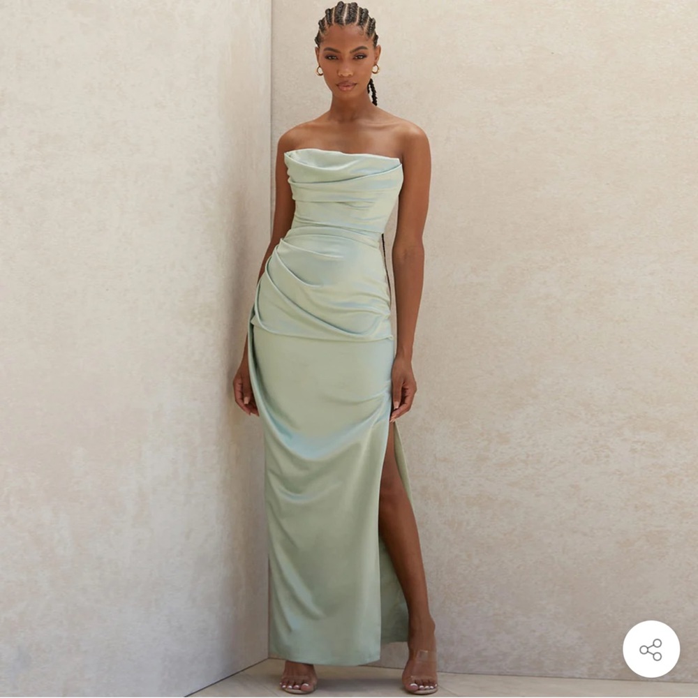 Sage green silky satin high slit ruched strapless party maxi dress
